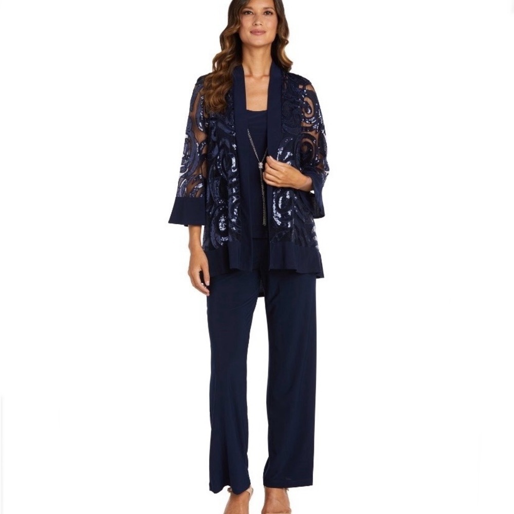 New Rm Richards 3 Piece Navy Blue Sequins Knit Pant Jacket Top Suit Set Size 16